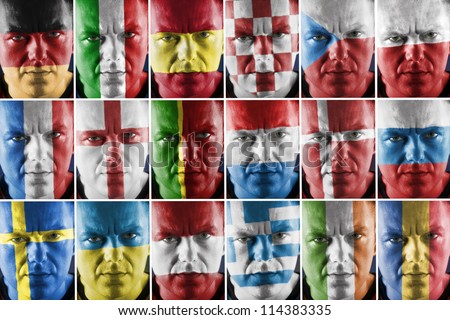 Collage of sport supporter faces painted into major European country national flag colors