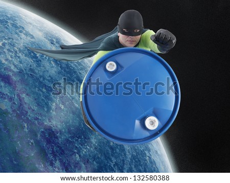 Eco superhero taking away blue container containing hazardous waste from Earth into outer space
