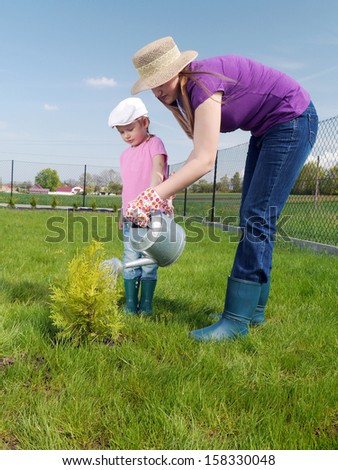 Mom and her cute little daughter watering together newly planted thuja tree in their backyard garden