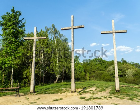 KAZIMIERZ DOLNY, POLAND - MAY 01 2014:. Three Crosses Mountain in Kazimierz Dolny, as a Memorial commemorating a plague that decimated the town\'s population