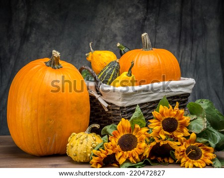 Wicker basket full of summer squashes and pumpkins and bunch of sunflowers over dark gray background