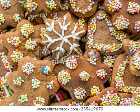Background of assorted shapes of christmas gingerbread cakes