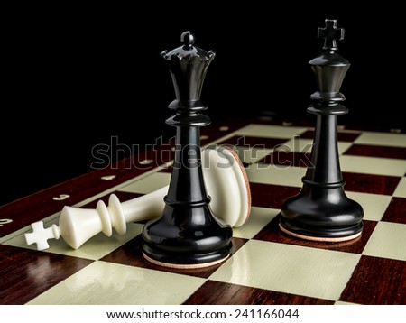 White King checkmated by black Queen with Black King on chessboard