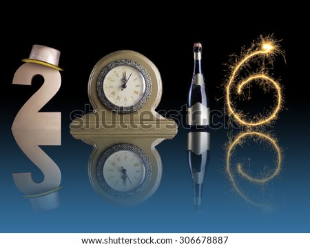 New Year 2016 set up of golden digit two, table clock, bottle of champagne and digit six created from burning sparkler all with mirror reflection effect