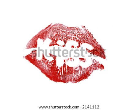 Lips print with kiss writing over white background