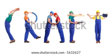 Group of young people wearing different color uniforms and hard hats forming Craft word - isolated on white background
