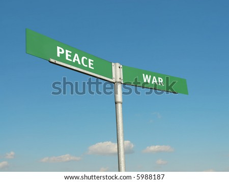 Two-way metal blue signpost with Peace and War indications over blue sky