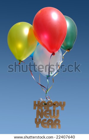 Colorful balloons with golden Happy New Year text rising up in the air