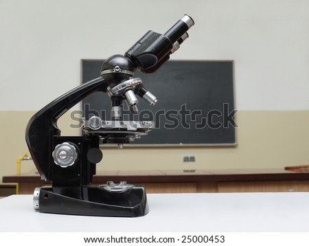 Old school microscope in classroom with blackbroard in the background