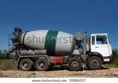 Concrete mixer truck parked at construction site