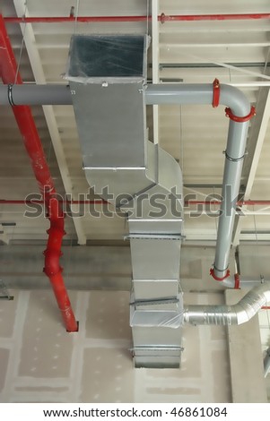 New installation of steel air conditioning duct pipes in the industrial building