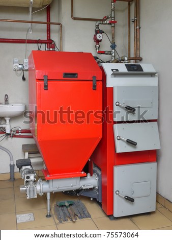 House boiler room with coal-fired central heating furnace system