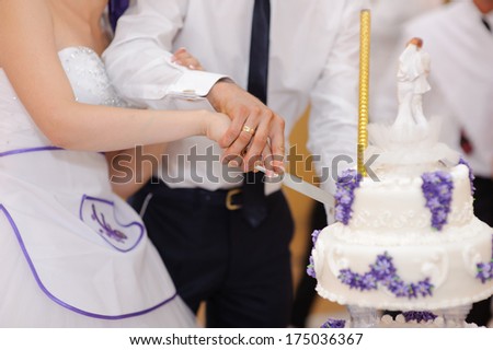 bride and groom cutting wedding cake together