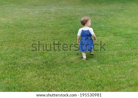 back of small girl walking in field