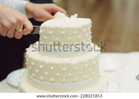 closeup of wedding cake and groom\'s hands with knife