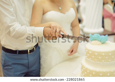 couple holding knife to cut cake