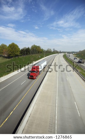 Wide Angle (16mm) shot of Semi on the Highway with Copy Space