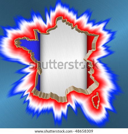 French Flag surrounded by outline of France in gold on a turquoise background, surrounded in Red White and blue pattern