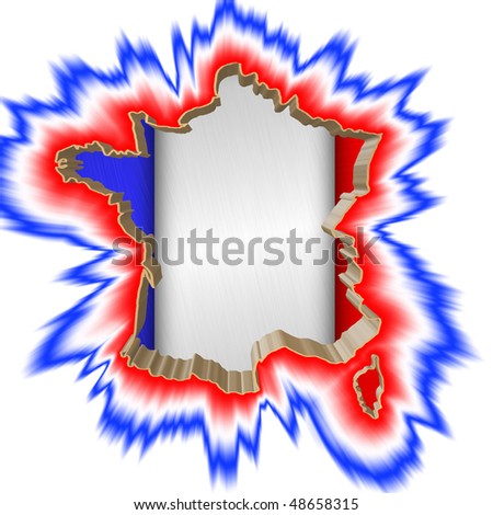 French Flag surrounded by outline of France in gold on a white background, surrounded in Red White and blue pattern