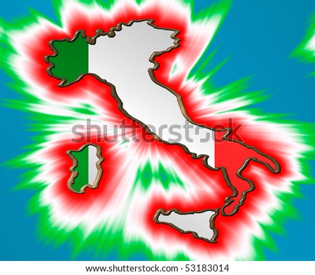 Map of Italy over an Italian Flag on blue background with patriotic flair around it