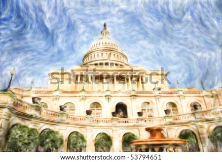 Watercolor painting of USA Capitol Building, Washington, DC