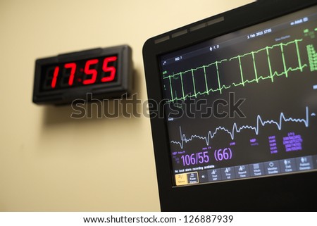Close up view of a health care heart rate and blood pressure monitor.