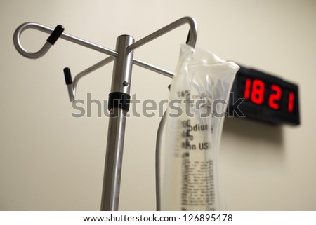 Close up view of a intravenous drip bag in a hospital.