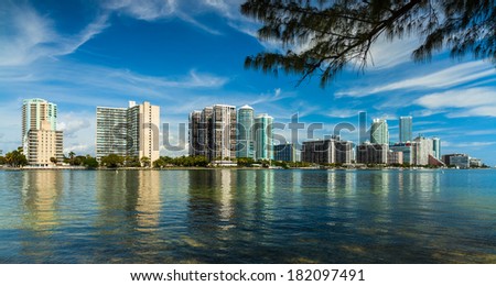 Beautiful Miami skyline along Biscayne Bay with tall Brickell Avenue condos.