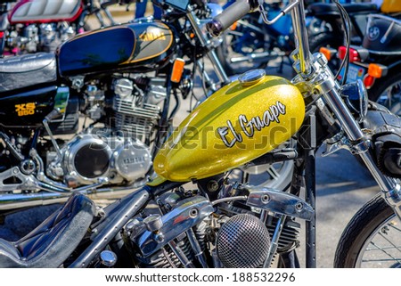 MIAMI, FLORIDA USA -?? APRIL 12, 2014: Close up of a vintage motorcycle on display at the Old Soul Young Blood Vintage Motorcycle festival.