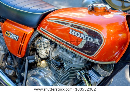 MIAMI, FLORIDA USA -?? APRIL 12, 2014: Close up of a vintage Honda motorcycle on display at the Old Soul Young Blood Vintage Motorcycle festival.