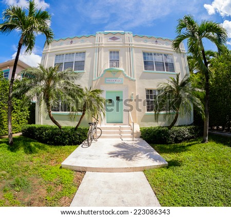 Miami Beach, Florida USA - October 4, 2014: Typical art deco style architecture of a vintage apartment building located in Miami Beach.