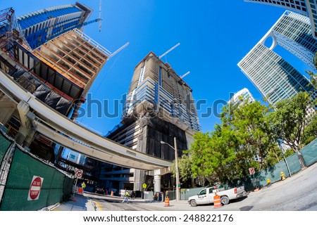 Miami, Fl USA - January 28, 2015: Fish eye view of the Brickell City Centre construction project underway in downtown Miami scheduled to be completed in 2016.