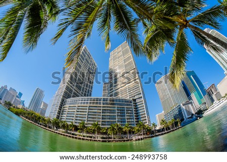 Fish eye view of  downtown Miami along Biscayne Bay.