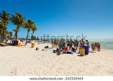 Key West, Florida USA - March 3, 2015: Young college students enjoying spring break on a Key West beach in Florida.