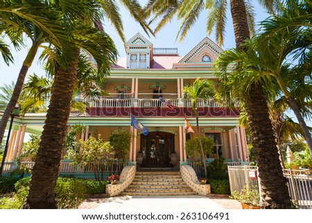 Key West, Florida USA - March 3, 2015: The beautiful Victorian Southernmost House is a popular tourist destination in Key West, Florida.