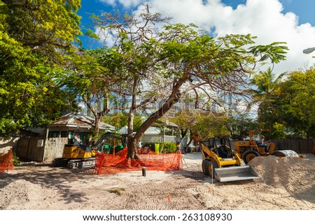 Key West, Florida USA - March 2, 2015: A real estate construction project underway in the residential Historic District of Key West.