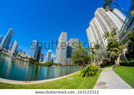 Fish eye view of the Brickell Key area in downtown Miami along Biscayne Bay.