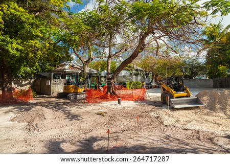Key West, Florida USA - March 2, 2015: A real estate construction project underway in the residential Historic District of Key West.