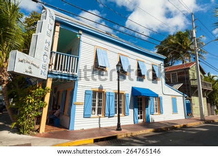 Key West, Florida USA - March 9, 2015: The iconic Blue Heaven restaurant in the historic Bahama Village of Key West.