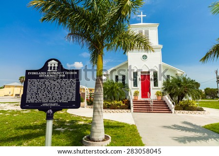 Everglades City, FL USA - May 20, 2015: The Everglades Community Church nestled in the heart of the Florida Everglades is a heritage landmark.