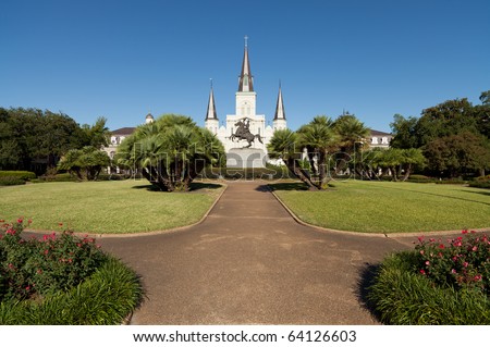 Saint Louis Cathedral and Jackson Square in the French Quarter in New Orleans, Louisiana.