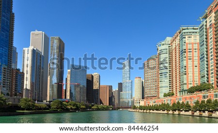 Landscape view of the entrance to the Chicago River from Lake Michigan on a clear blue sky day.