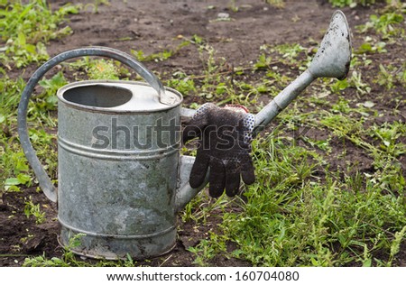 Garden accessories - a watering can and gloves