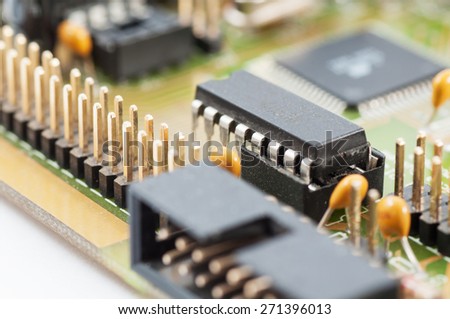 Electronic chip on circuit board. Circuit board with electronic components.