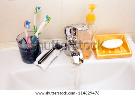 Hygienic means on a wash basin in a bathroom