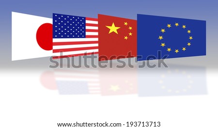 Flag of Japan, the U.S., China and Europe with a mirror image