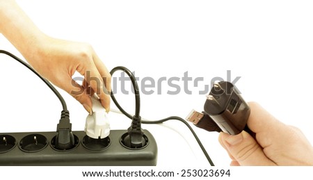 The process of connecting the various plugs into the socket on a white background