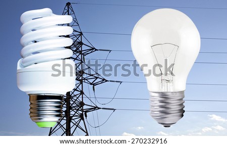 Fluorescent light bulb and incandescent on blue background electric line support