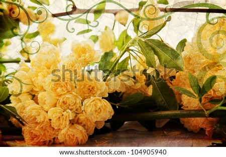 Vintage yellow roses on distressed background. Great as a love message or birthday card. Landscape orientation.