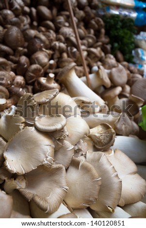 Heaps of mushrooms for sale at farmers market. Shallow depth of field.